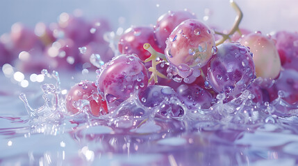 Grapes falling onto the water surface, splashing water droplets, dynamic portrayal of fruit and splashing water.