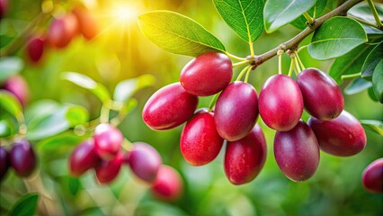 Obraz premium Ripe jambolan plum on branch with green leaves in background, jambolan plum, ripe, fruit, black, green, leaves