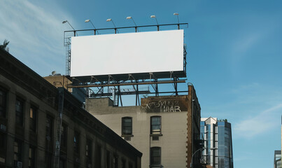 a wide white billboard on top of a building, in new york, mockup,generative ai