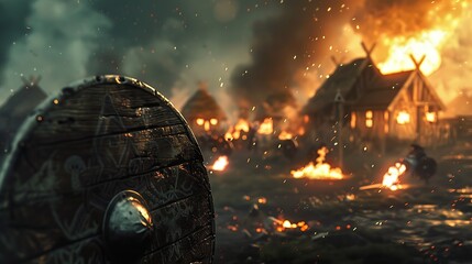 Viking shield with burning village in background during raid