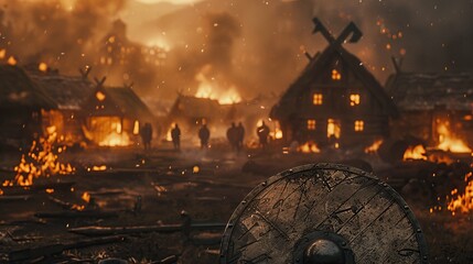 Viking shield in foreground with burning houses and vikings in the background