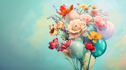 Vibrant Floral Bouquet with Assorted Blooms in Vase on Soft Pastel Background