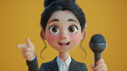 Animated female character in a studio with a microphone,smiling and speaking confidently