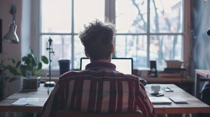Obraz premium Man Sitting at Desk Looking at Laptop with Window Behind Him
