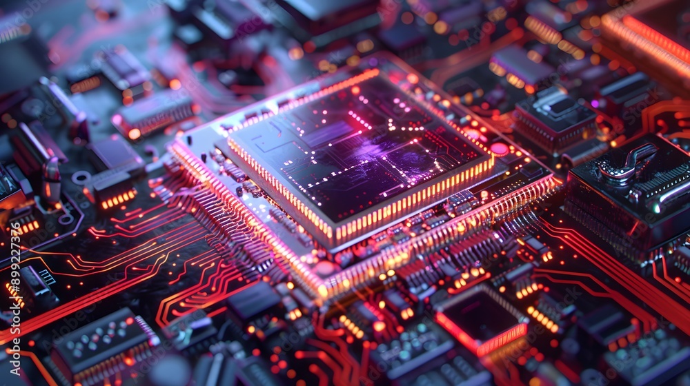 Canvas Prints Closeup of a CPU with glowing lights on a motherboard.