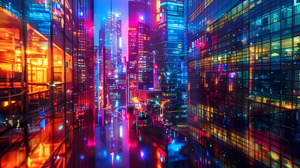 Obraz premium Vibrant neon lights on modern cityscape buildings at night.