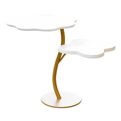 A white flower shaped table with a gold stem