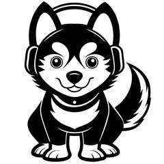 Cute husky wearing headphone silhouette vector art illustration