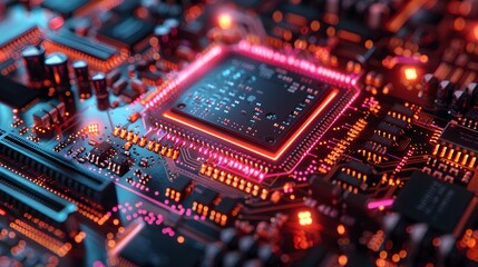 Obraz premium Close-up of a Computer Motherboard with Illuminated Components.