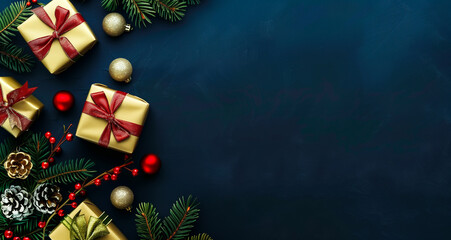 Christmas themed banner with winter and christmas decorations, copy space. Blue background and colorful details