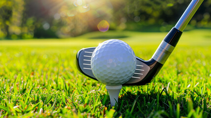 Golf ball on tee and driver club on grass behind the golf ball, close up image, bright sunlight