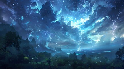 Naklejka premium A bright blue sky with fluffy white clouds scattered across, illuminated by sunlight Stars are visible in the background, adding a touch of magic The center area is left clear for t