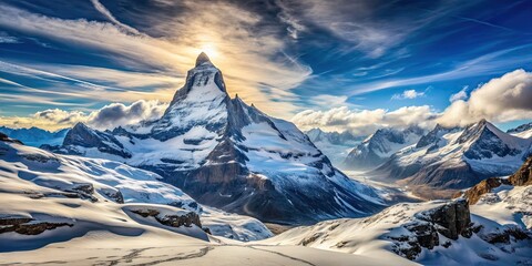 Swiss mountain range with Matterhorn covered in snow in sunlight with blue sky and clouds, Switzerland, Matterhorn, mountain
