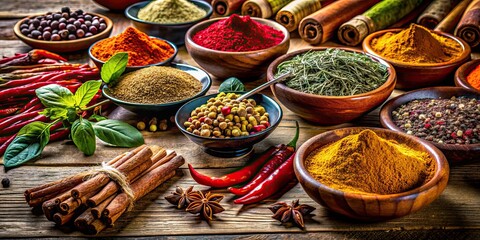 Fototapeta premium A close-up photo of various vibrant spices on a rustic wooden table, spices, cooking, ingredients, flavor, culinary, food