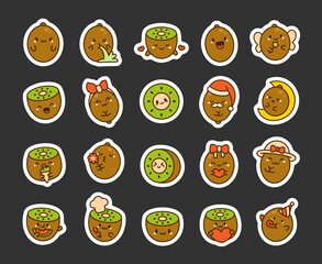 Cute kawaii kiwi with funny face. Sticker Bookmark. Adorable cartoon food character. Hand drawn style. Vector drawing. Collection of design elements.