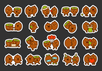 Obraz premium Funny couple kiwi cartoon characters. Sticker Bookmark. Cute food friends. Hand drawn style. Vector drawing. Collection of design elements.