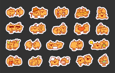 Funny couple pumpkin cartoon characters. Sticker Bookmark. Cute food friends. Hand drawn style. Vector drawing. Collection of design elements.