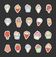Tasty and refreshing ice cream. Sticker Bookmark. Cold dessert with various flavors. Hand drawn style. Vector drawing. Collection of design elements.