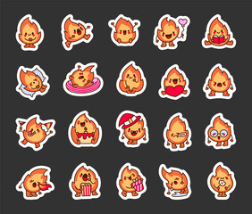 Cute flame character. Sticker Bookmark. Funny cartoon fire with an adorable face. Hand drawn style. Vector drawing. Collection of design elements.