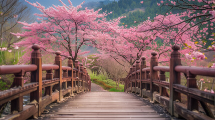 Beautiful pink cherry trees blooming extravagantly at the end of a wooden bridge in Park, Japan, Spring scenery of Japanese countryside with amazing sakura (cherry v