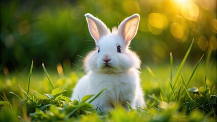 Obraz premium A close-up image of a fluffy white rabbit sitting in a grassy field, rabbit, fluffy, white, animal, cute, soft, furry, mammal