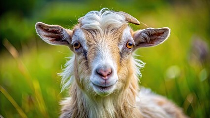 Fototapeta premium A close-up photo of a cute chivo (goat) with shaggy fur in a grassy field, Chivo, goat, farm animal, livestock, rural, agriculture