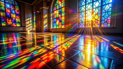 Obraz premium Colorful sun rays shining through stained glass casting reflections on the floor, stained glass, colorful, sun rays, light