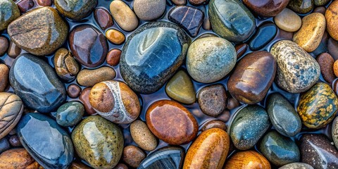 Smooth, wet river rocks in shades of grey, brown, and blue creating a natural, textured background , River, rocks, wet, smooth