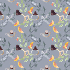 Fototapeta premium Herb tea. Melissa, mint, glassware, leaves and lemon slices. Seamless watercolor pattern for fabric, wallpaper, wrapping paper, packaging cosmetics, tablecloths, curtains and home textiles.