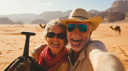 copy space, stockphoto, senior active couple taking a selfie, sitting on a camel during a tour in the desert. Elderly people on an excursion during an active holiday. Retired couple in good health, en