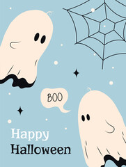 Happy Halloween party poster or greeting card. Greeting card with cute ghosts on a blue background in flat style. Trendy flat design for decoration, advertising, greetings, banner, poster, cover,