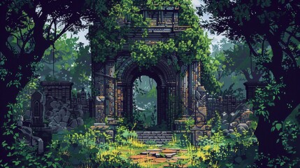 Pixel art ancient temple, overgrown vines, historical mystery