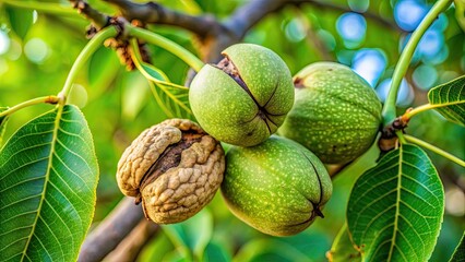 Obraz premium Close-up of green cracked walnuts on tree branch, walnuts, green, cracked, tree, branch, close-up, nature, organic, fresh