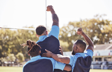 Rugby, team and back with success on field with ball for winning score or touchdown, victory and achievement. Football, diversity and people with athletic celebration on grass, competition and game.