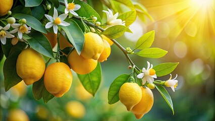 Lemon tree branch with blooming flowers and ripe fruit, lemon, citrus, tree, branch, flowers, fruit, fresh, yellow, green