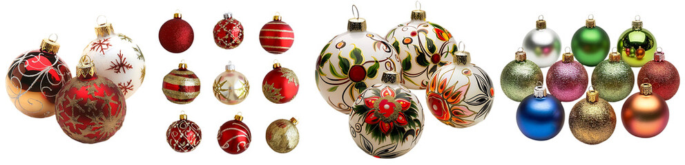 Colorful Christmas ornaments and stockings on display White Background ,PNG