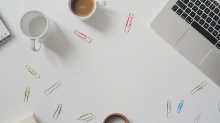 Minimalist White Workspace with Coffee and Laptop