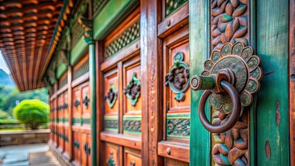 Close-up of Gugwangnu Pavilion door handle at Haeinsa Temple , South Korea, Mount Gaya, Gayasan National Park