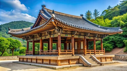 View of traditional Korean Confucian Academy wooden pavilion structure at Byeongsan Seowon, Andong, South Korea