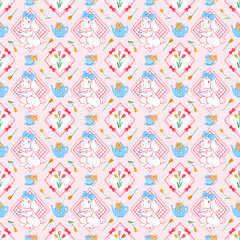 Vector Seamless Whimsical Rabbit Tea Party Pastel Pattern