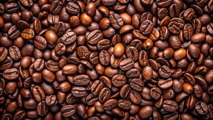 Top view background of dark roast coffee beans, coffee, beans, espresso, black, aromatic, caffeine, morning