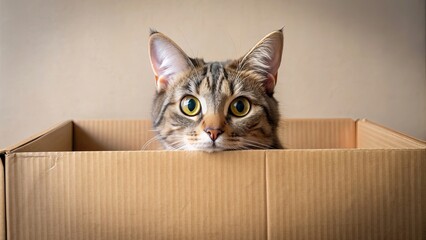 Cat peeking out of cardboard box , cat, cardboard, box, peeking, curiosity, cute, feline, pet, inside, close-up