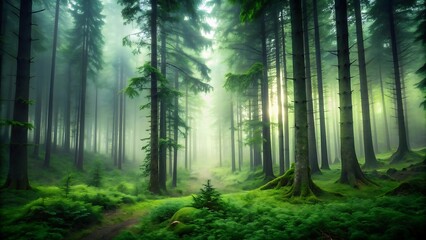 Fototapeta premium Mysterious Foggy Forest Path.