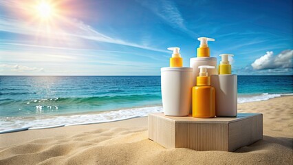 Stylish podium with sunscreen bottles on sunny beach for Sunscreen Day , beach, palm trees, ocean, sunscreen, bottles