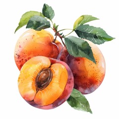 Apricots, fresh and ripe, summer vibes, watercolor style, isolated on white background