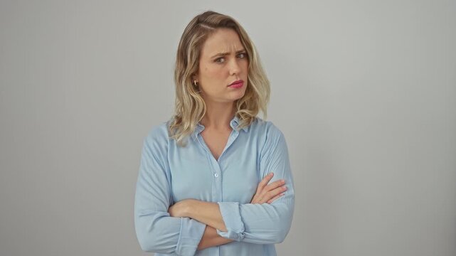 Nervous young blonde woman wearing a shirt, arms crossed, dons a skeptic expression. her face reveals disapproval, exuding negative vibes. isolated on white background.