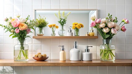 Flowers and soap bottles displayed on bathroom mirror shelf, bathroom, toilet, mirror, shelf, display, flowers, soap
