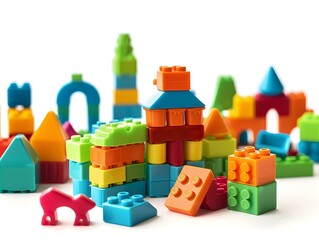 Naklejka premium Assortment of vibrant colorful skill building construction toys arranged in a tranquil garden setting on a pure white background showcasing creativity imagination and educational play 