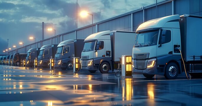 A row of company electric trucks charging at fast charger station located at a logistics center, cargo transport and delivery, semi-trucks and vans powered by renewable energy