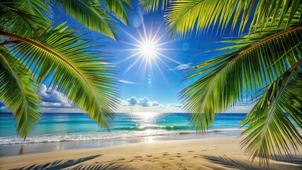 Fototapeta premium Vibrant photo of the sun shining through palm leaves on a tropical beach, sunshine, rays, bright, summer, warm, glow